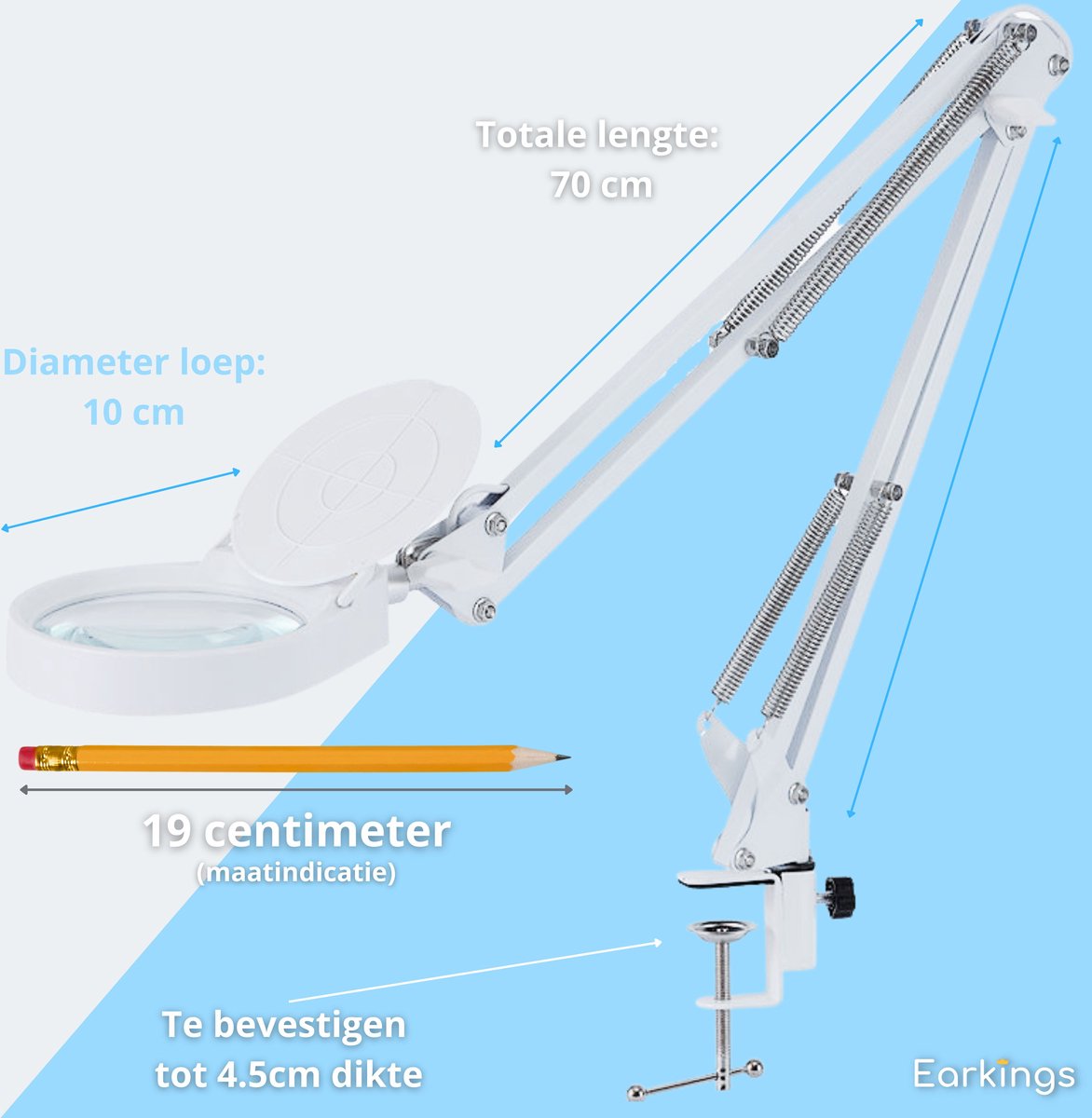 Loeplamp Vergrootglas met Verlichting en Tafelklem en 3 Lichtkleuren - wit - Earkings