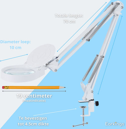 Loeplamp Vergrootglas met Verlichting en Tafelklem en 3 Lichtkleuren - wit - Earkings
