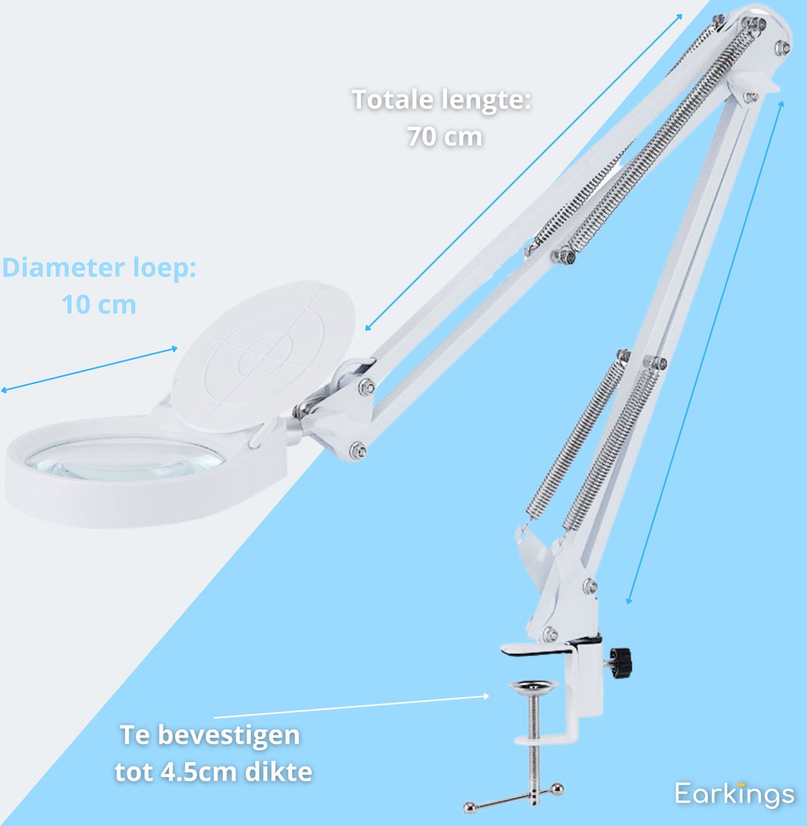 Loeplamp Vergrootglas met Verlichting en Tafelklem en 3 Lichtkleuren - wit - Earkings