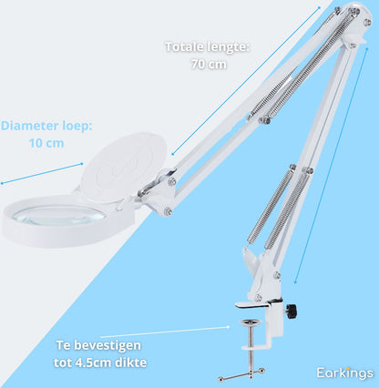 Loeplamp Vergrootglas met Verlichting en Tafelklem en 3 Lichtkleuren - wit - Earkings