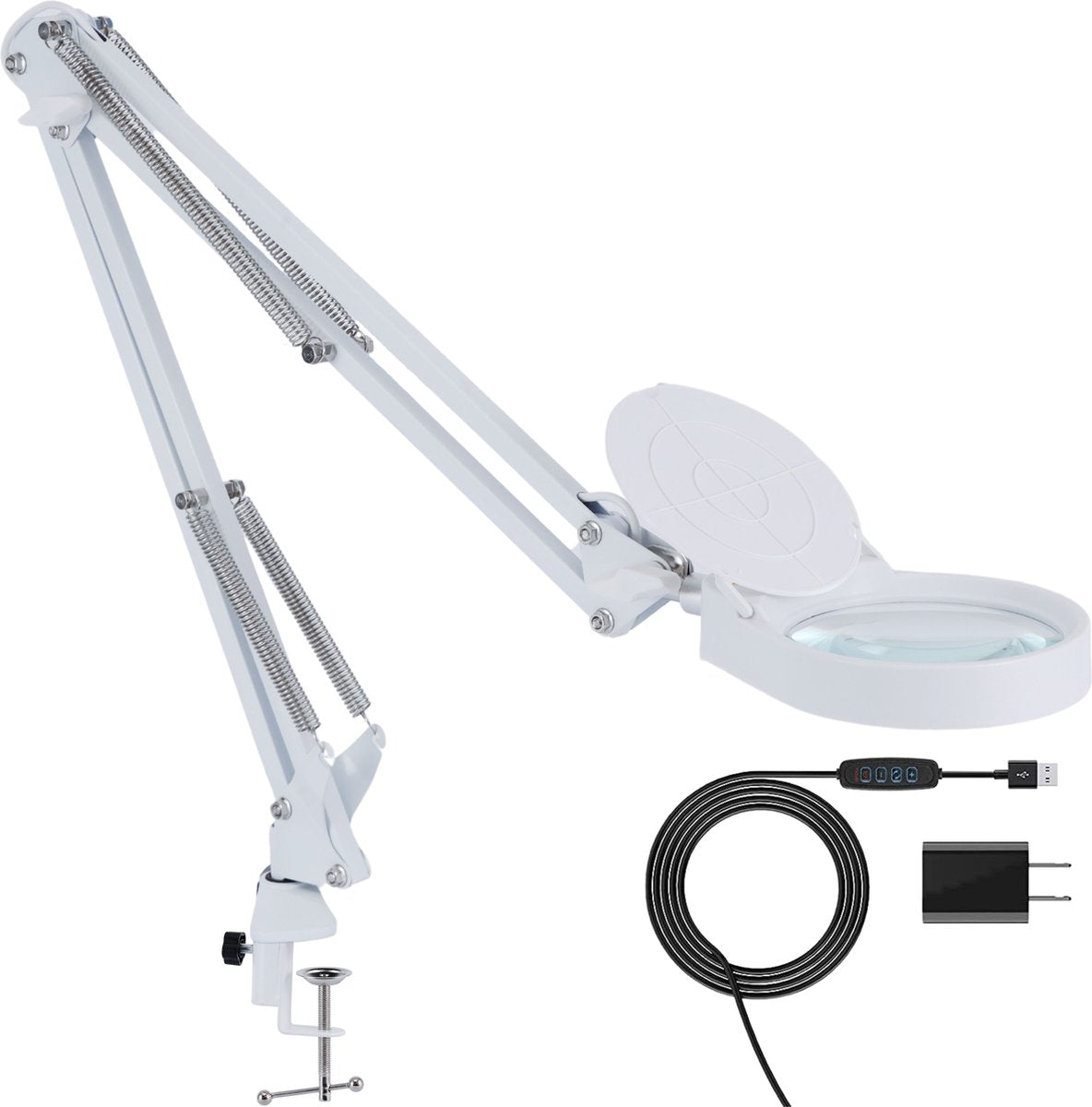 Loeplamp Vergrootglas met Verlichting en Tafelklem en 3 Lichtkleuren - wit - Earkings