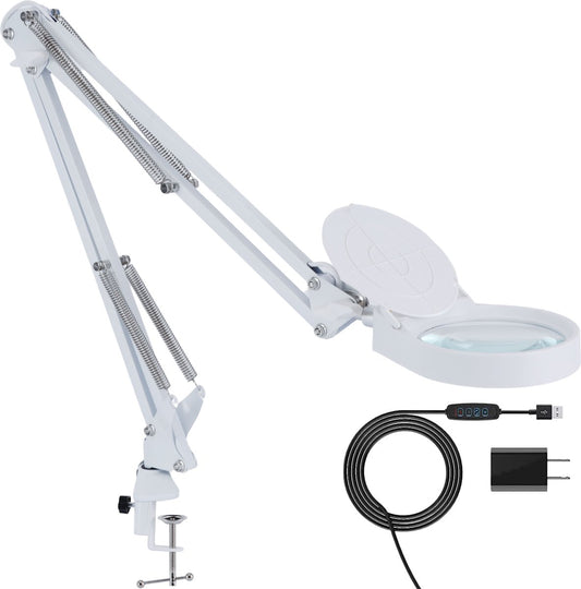Loeplamp Vergrootglas met Verlichting en Tafelklem en 3 Lichtkleuren - wit - Earkings
