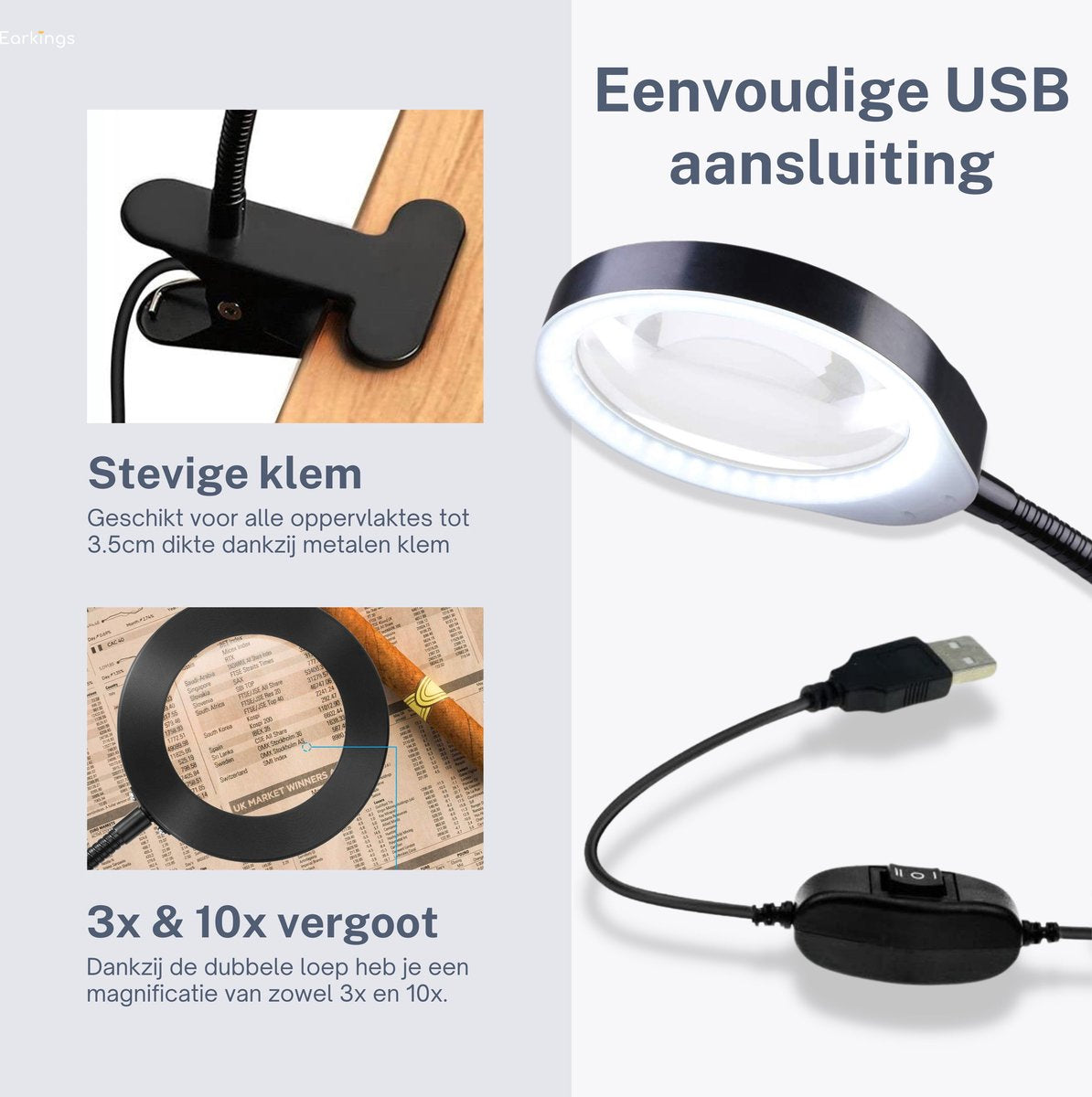 Loeplamp vergrootglas met LED verlichting en tafelklem - Earkings