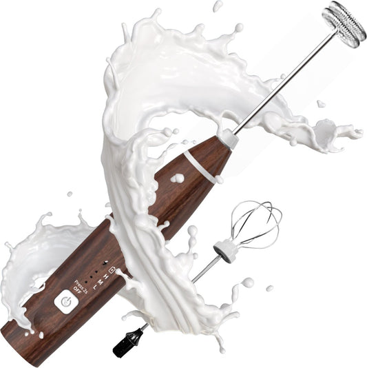 Premium Melkopschuimer Oplaadbaar - Inclusief 2 Opzetstukken - hout - Earkings