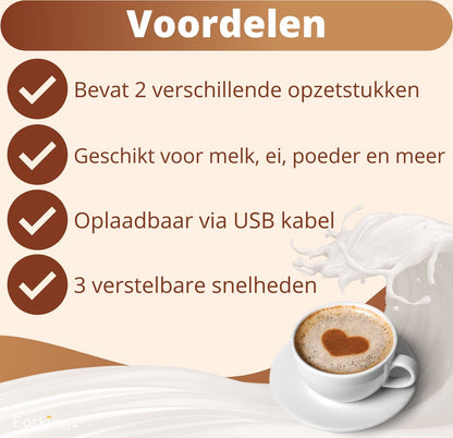 Premium Melkopschuimer Oplaadbaar - Inclusief 2 Opzetstukken - hout - Earkings