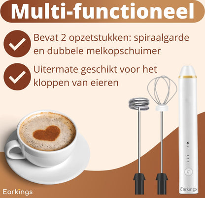 Premium Melkopschuimer Oplaadbaar - Inclusief 2 Opzetstukken - wit - Earkings