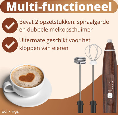 Premium Melkopschuimer Oplaadbaar - Inclusief 2 Opzetstukken - hout - Earkings