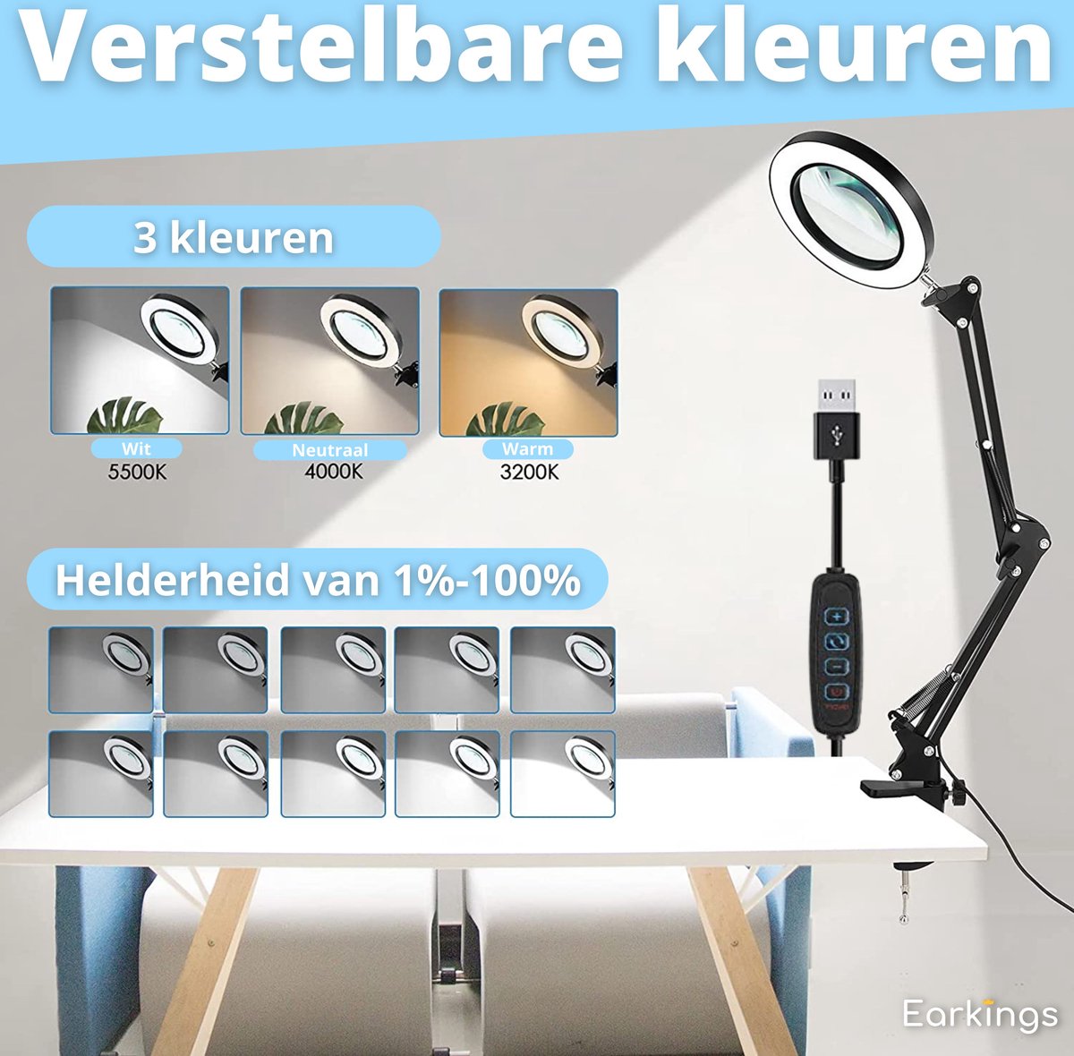 Loeplamp Vergrootglas met Verlichting en Tafelklem en 3 Lichtkleuren - wit - Earkings