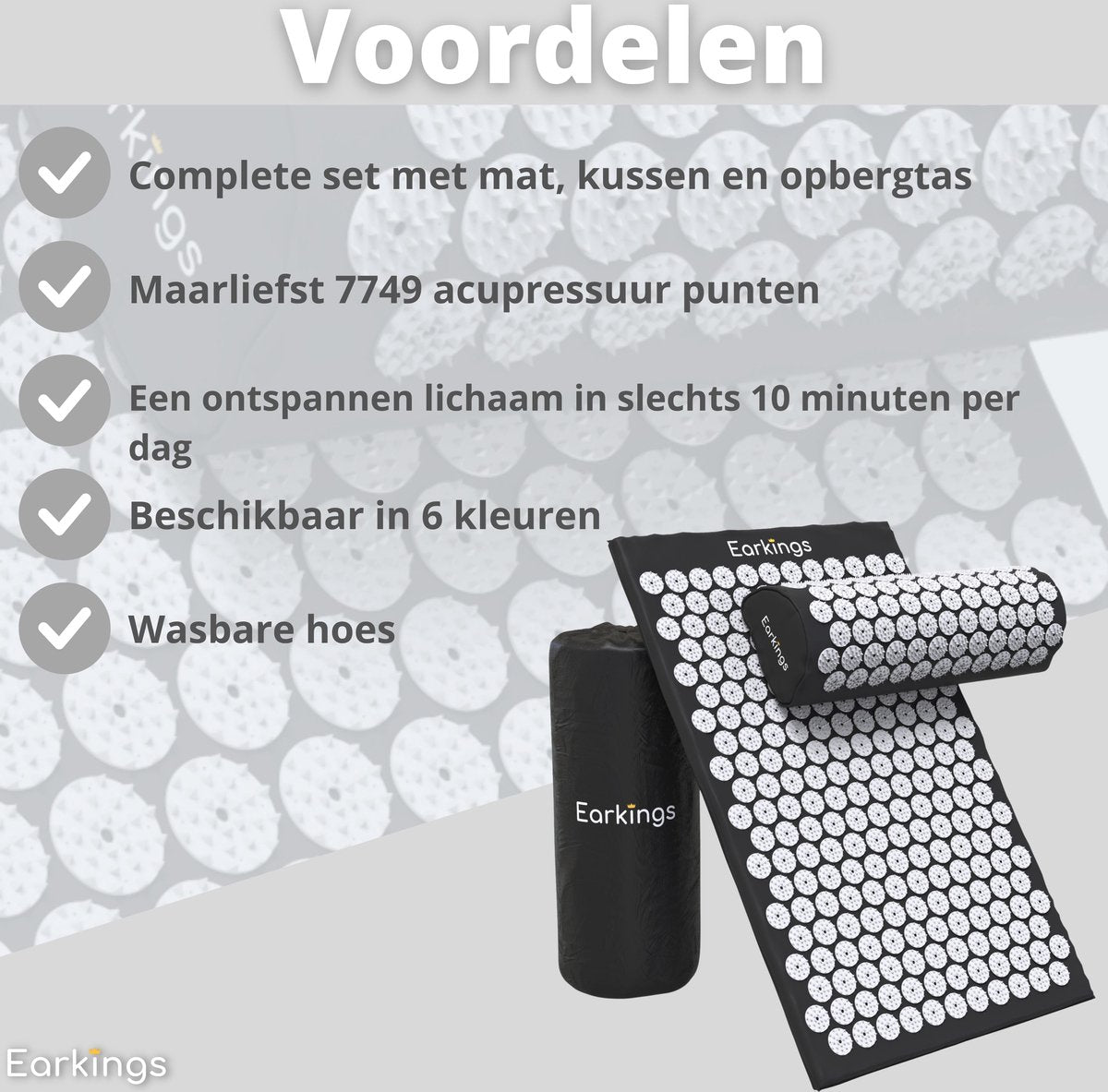 Spijkermat met kussen en met Opbergtas - 8000+ punten - zwart - Earkings