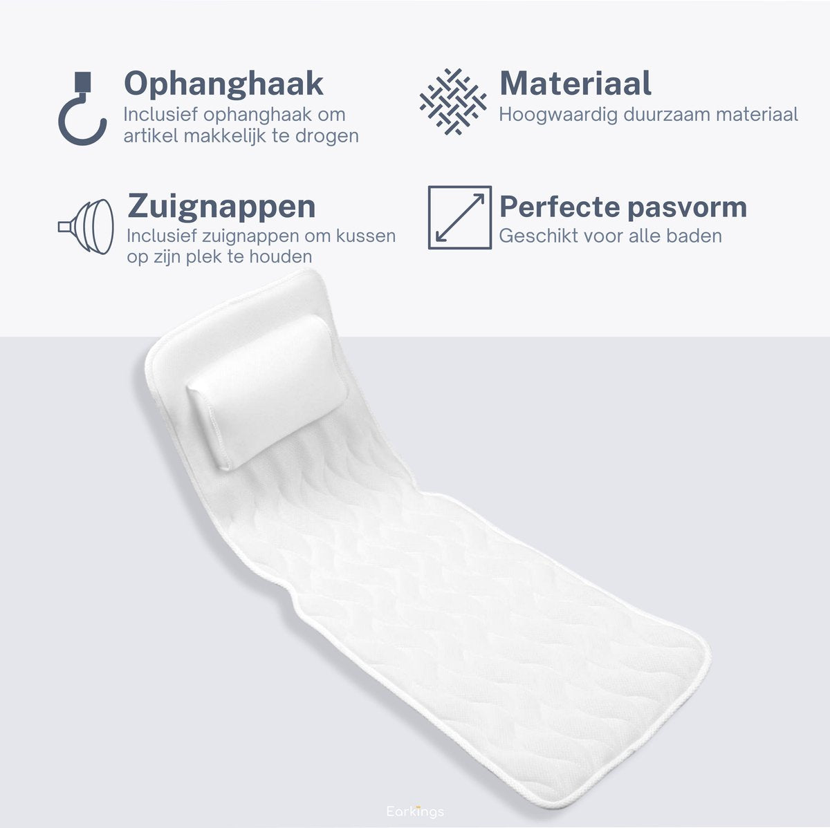 Badkussen Deluxe 126x44x8 cm met Zuignappen en Ophanghaak - Earkings