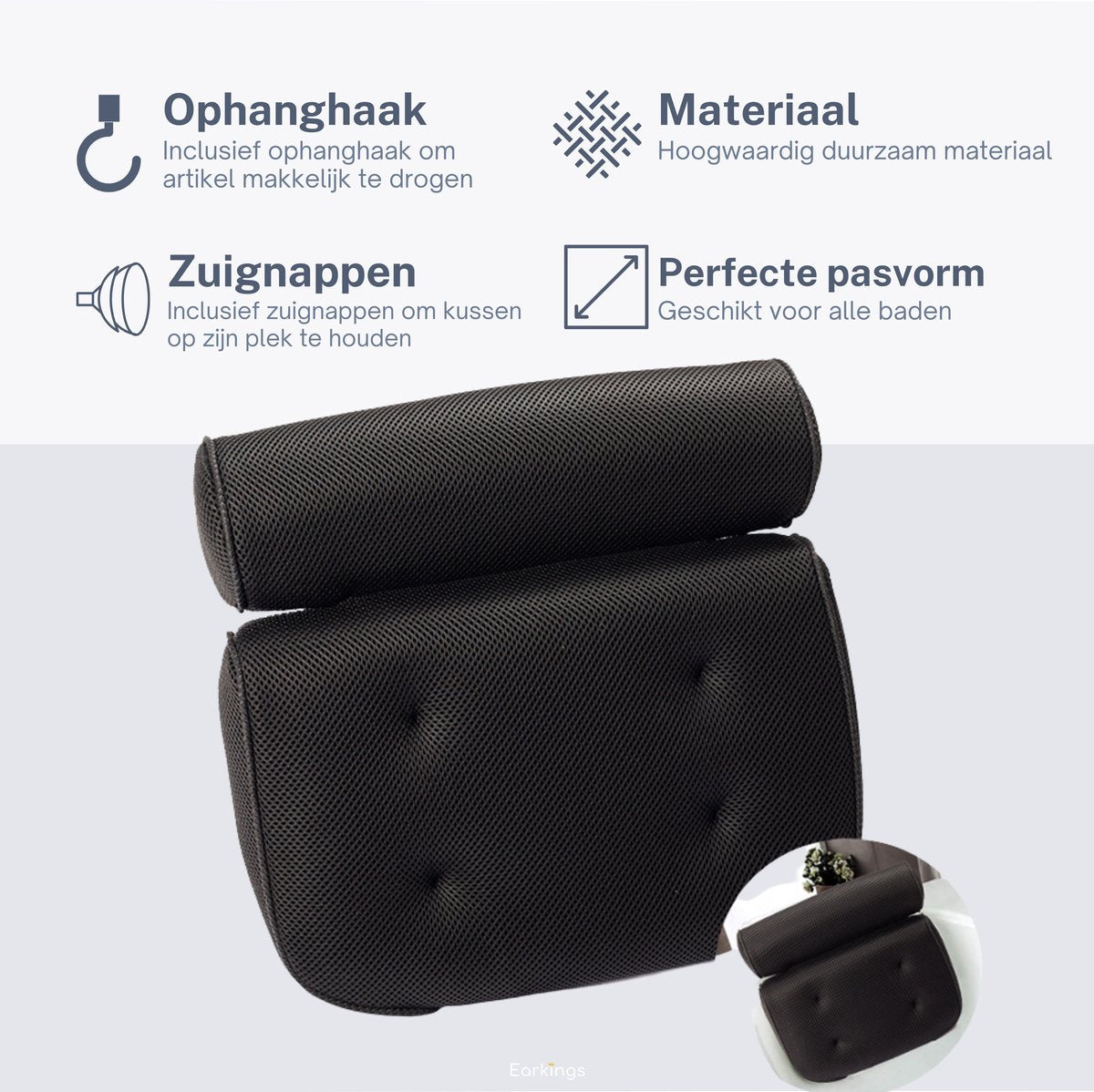 Badkussen Nekkussen bad met 6 zuignappen - zwart - Earkings