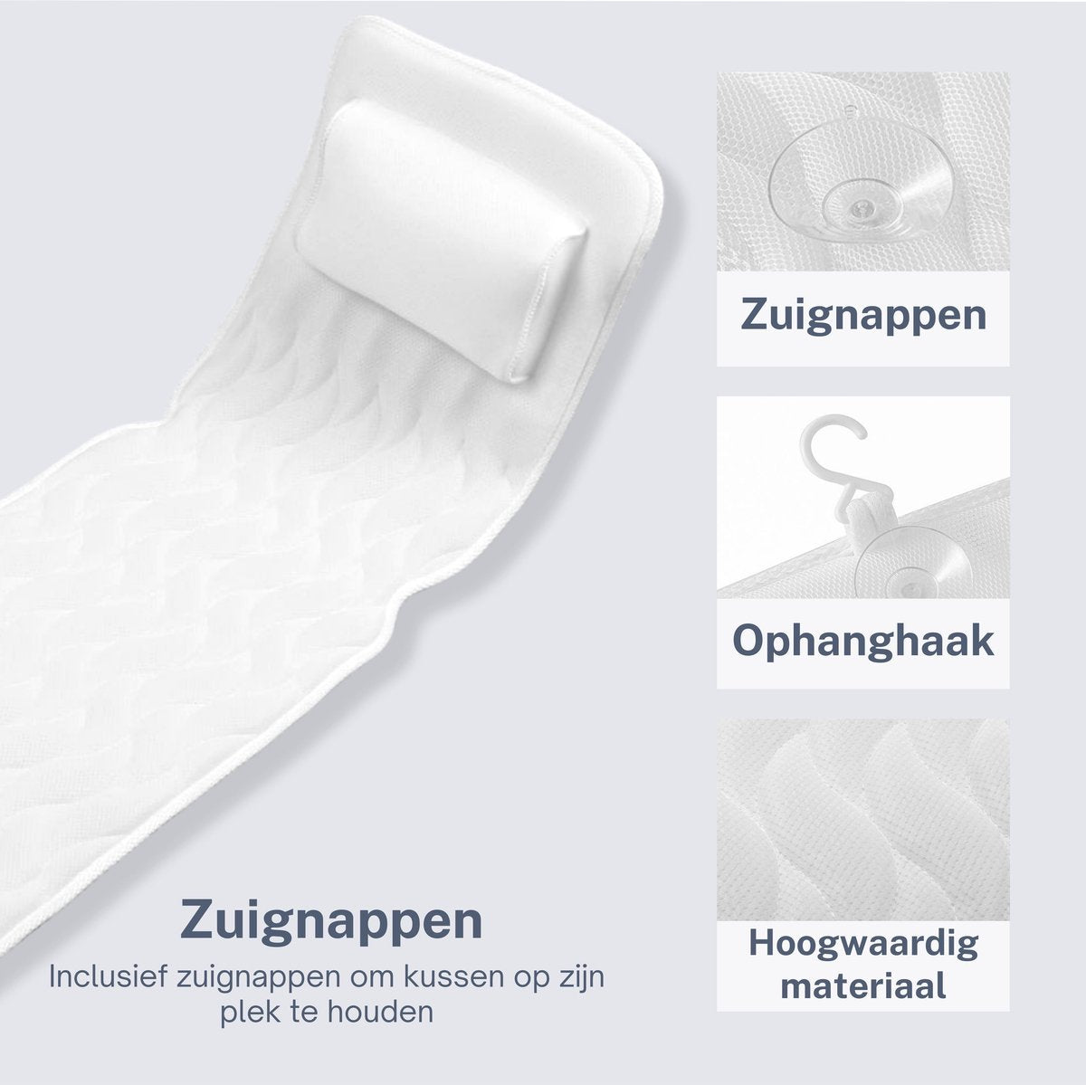 Badkussen Deluxe 126x44x8 cm met Zuignappen en Ophanghaak - Earkings