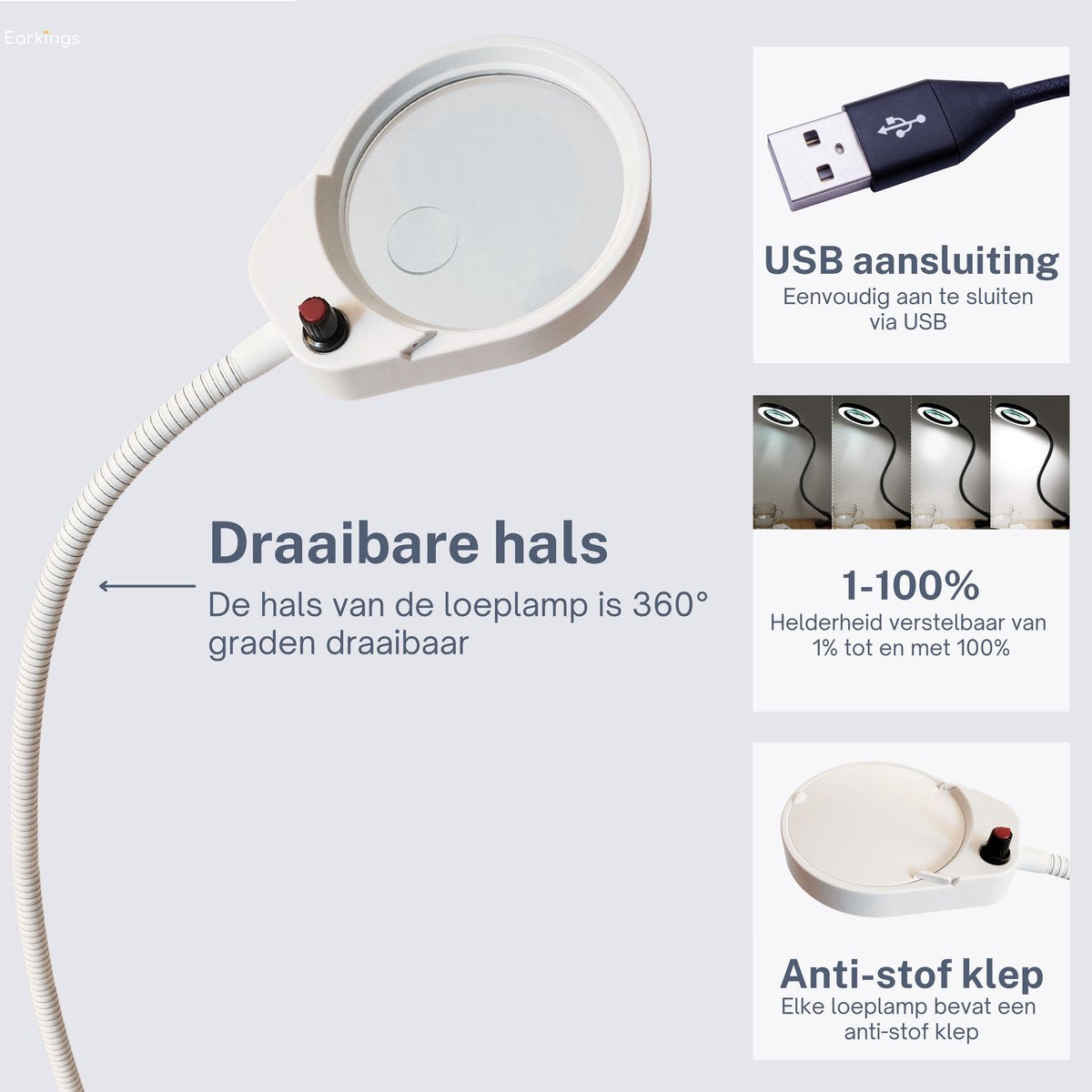 Loeplamp vergrootglas met LED verlichting en tafelklem - wit - Earkings