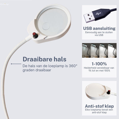 Loeplamp vergrootglas met LED verlichting en tafelklem - wit - Earkings