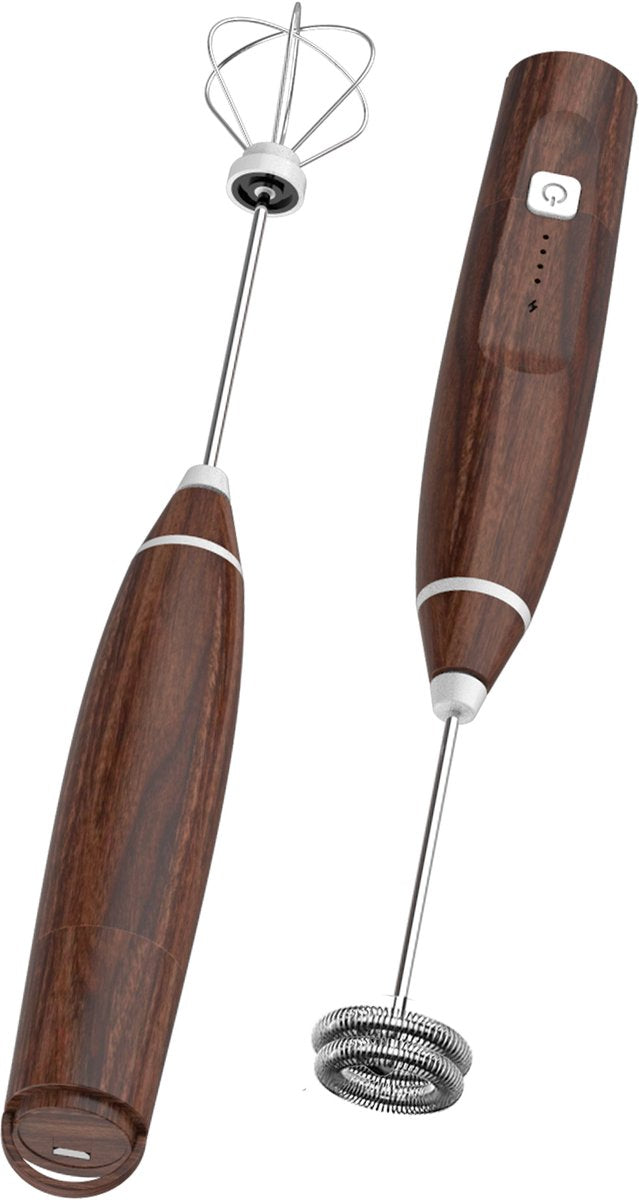 Premium Melkopschuimer Oplaadbaar - Inclusief 2 Opzetstukken - hout - Earkings
